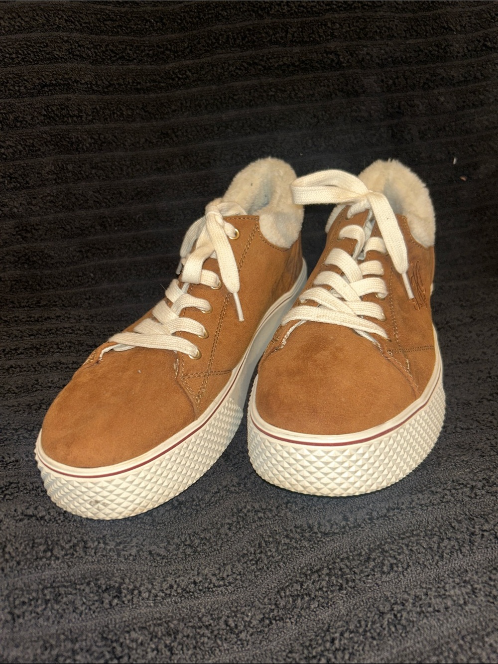 Tommy Hilfiger Tan Suede Platform Sneakers with Cream Fur Trim